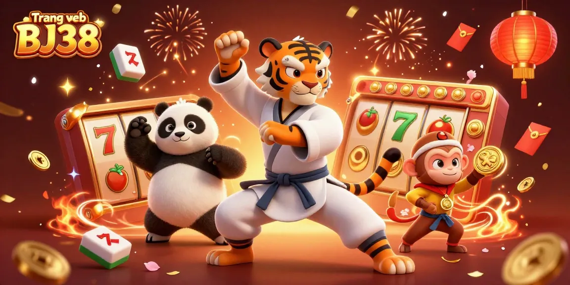 Win big at Trang web BJ38 while a kung fu tiger master trains a panda and monkey in a vibrant casino.