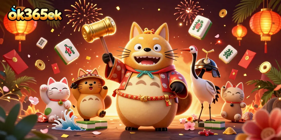 Play slots and win big with ok365ok, featuring cheerful tanuki and festive elements.