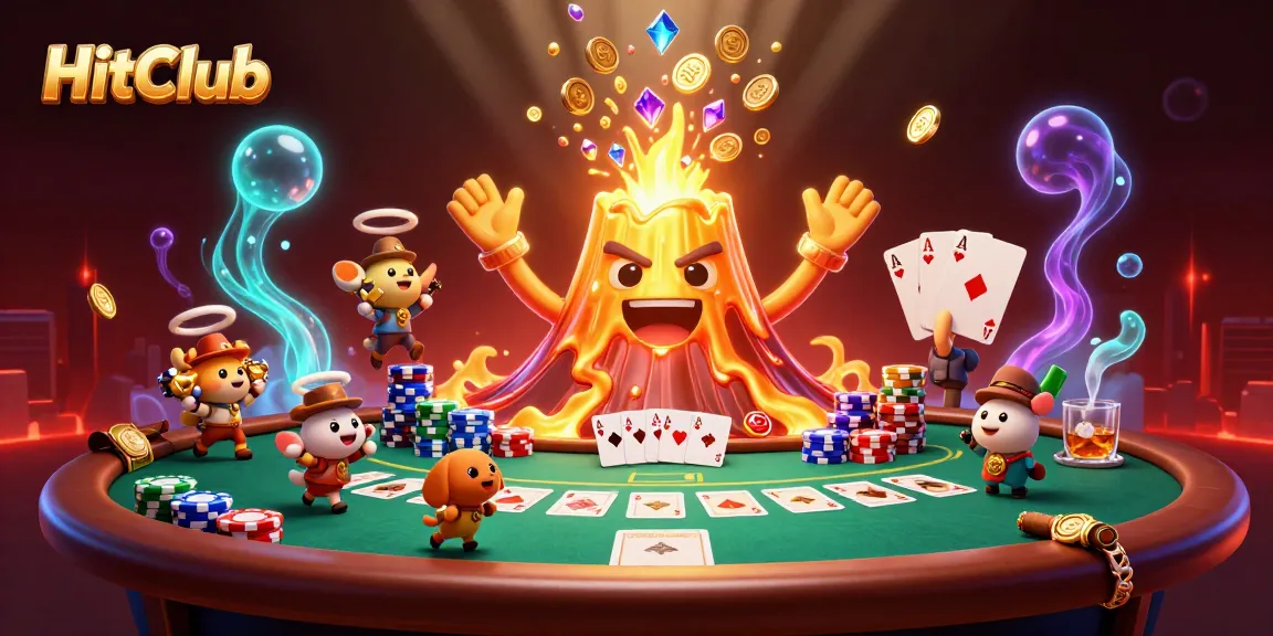 HitClub features a dynamic casino scene with a golden volcano erupting treasures amid poker elements.
