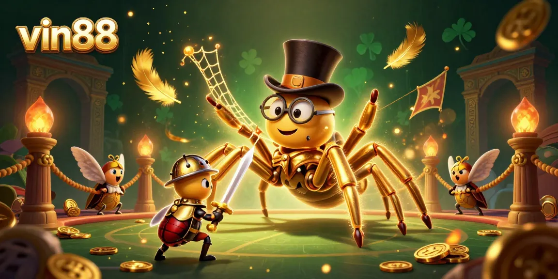Engage in thrilling gameplay at vin88 with a fantastical scene featuring a golden tarantula and brave knight.