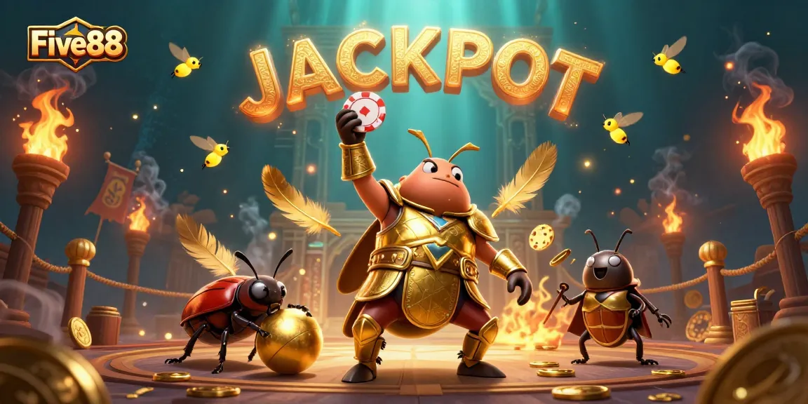 Experience the thrill of Five88 with a beetle hero lifting a poker chip, amidst golden game elements.