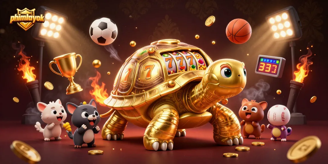 phimhayok showcases an exciting scene with a golden tortoise slot machine and dynamic sports elements.