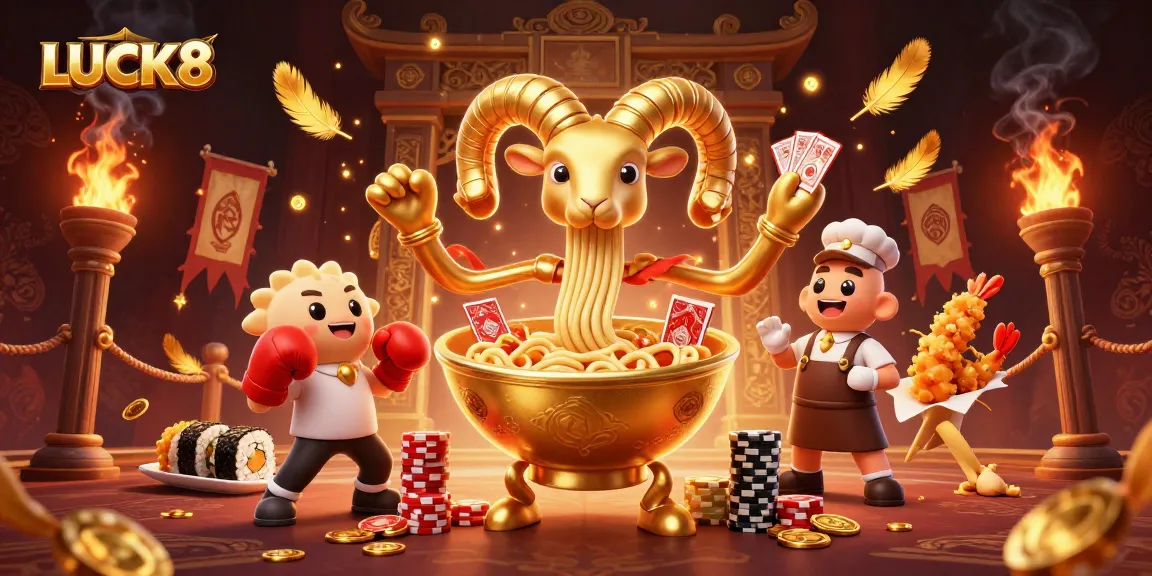 LUCK8 engages players in a thrilling casino scene with a golden ramen bowl character dealing cards.