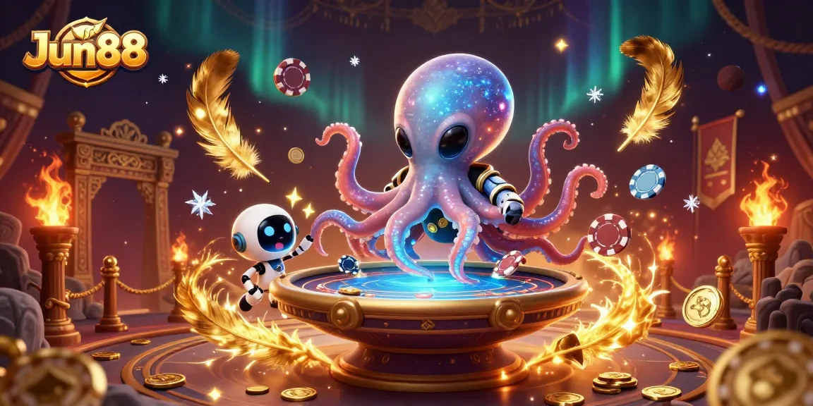 Experience thrilling poker action with Jun88's vibrant alien octopus and robot in a magical casino.