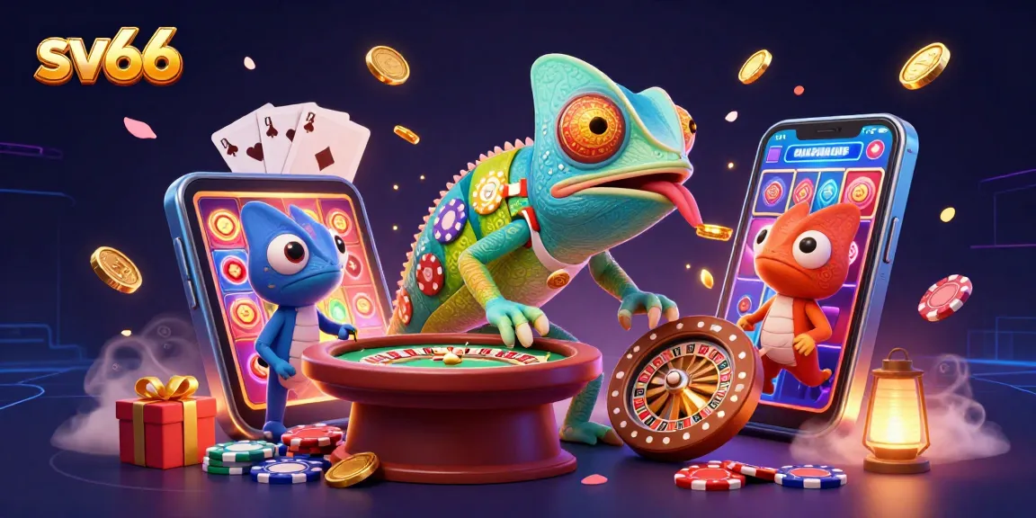 Experience sv66's exciting gambling scene with a vibrant 3D illustration of a chameleon casino owner.