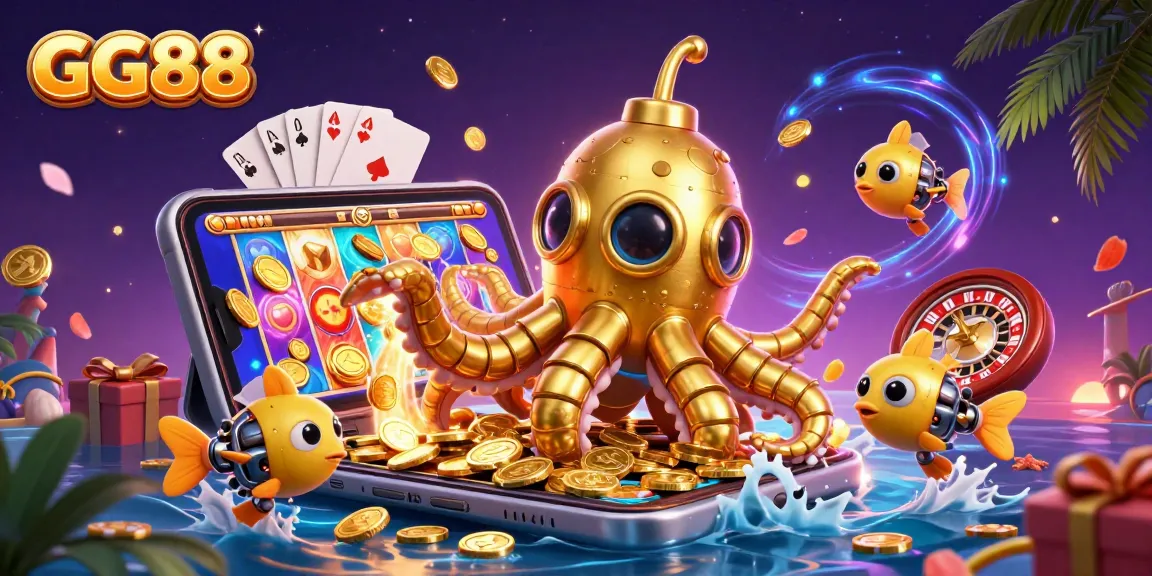 Engage in thrilling gameplay at GG88 with a golden kraken submarine amidst golden coins and vibrant gaming elements.