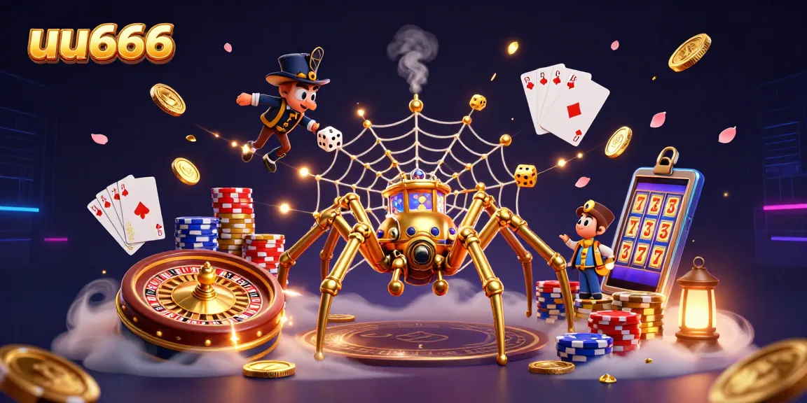 uu666 casino-themed illustration with a golden spider, Victorian gentleman, dice, coins, and poker elements.
