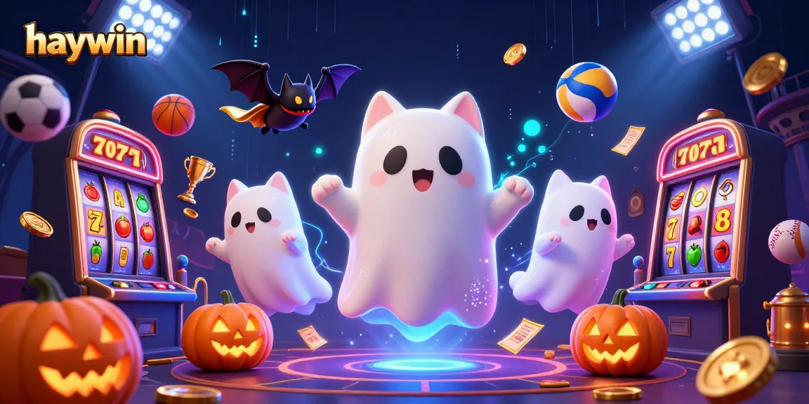 Experience the lively atmosphere of haywin as a friendly ghost cat and bat navigate a haunted casino