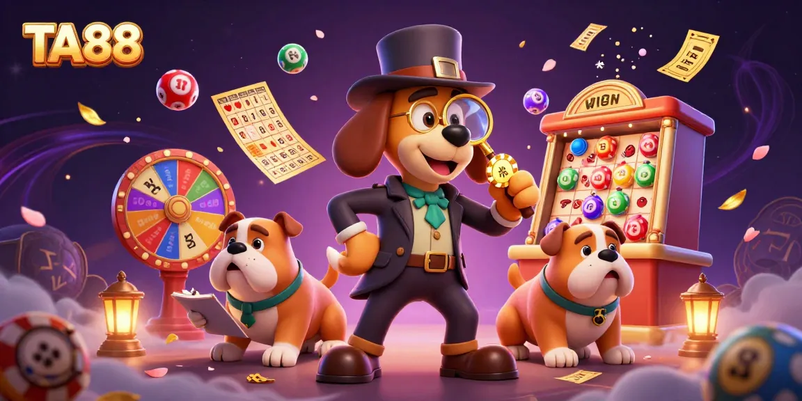 TA88 promotes excitement with a cartoon detective uncovering gambling treasures amidst lottery elements and vibrant casino visuals.