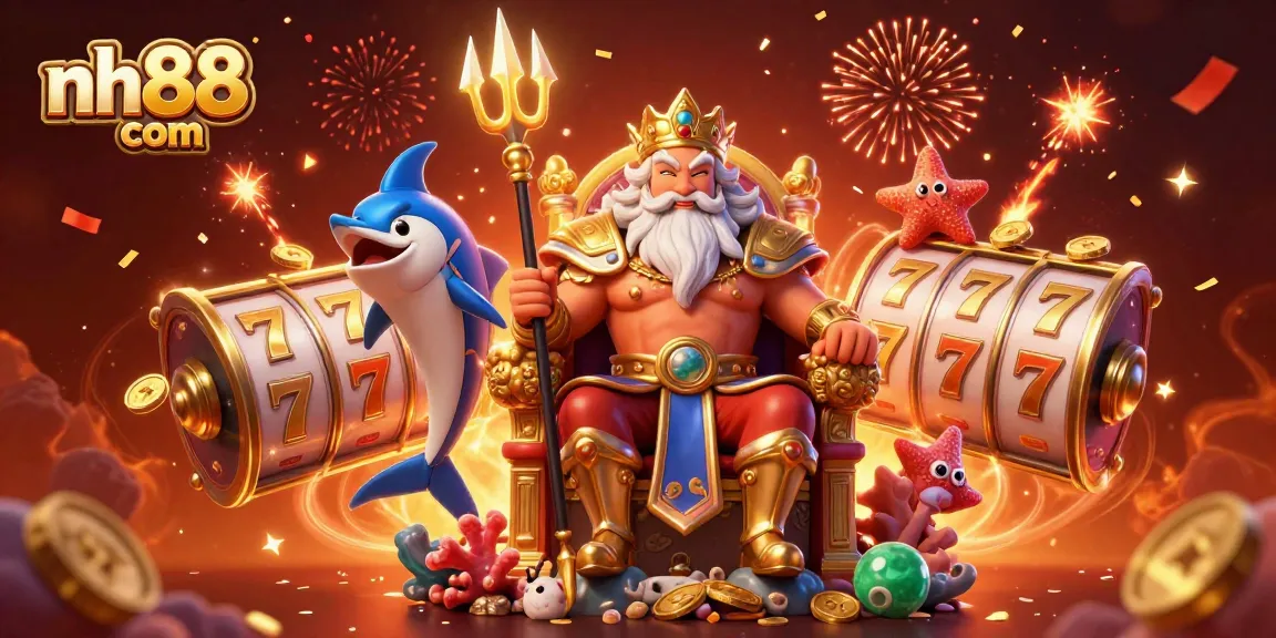 Experience the excitement of nh88 com's vibrant casino with Neptune surrounded by dynamic slot game elements.
