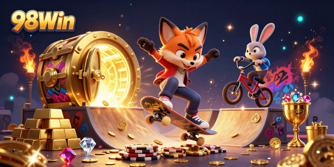 Experience thrilling gaming action at 98Win with vibrant characters and casino elements.