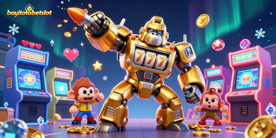 Experience thrilling gameplay at bayitotobetslot with an exciting 3D illustration showcasing a golden gorilla mech.