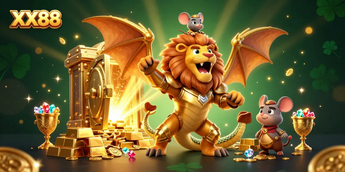 Engage in gaming excitement with XX88 featuring a triumphant chimera and treasure elements.