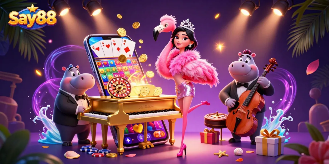 Experience the excitement of say88 with vibrant casino elements and characters in a lively online gaming scene