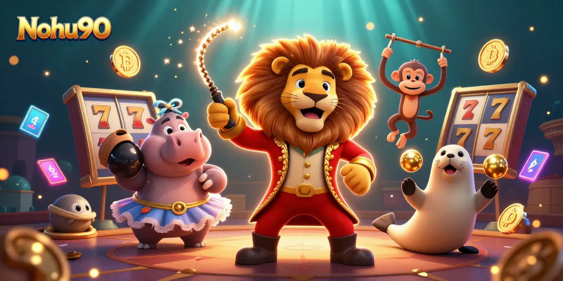 Nohu90 engages players with vibrant jackpots and lively circus characters in a casino setting