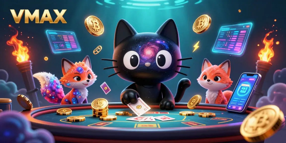 Experience immersive gameplay with VMAX in this vibrant cosmic casino scene filled with 3D characters and digital currency.