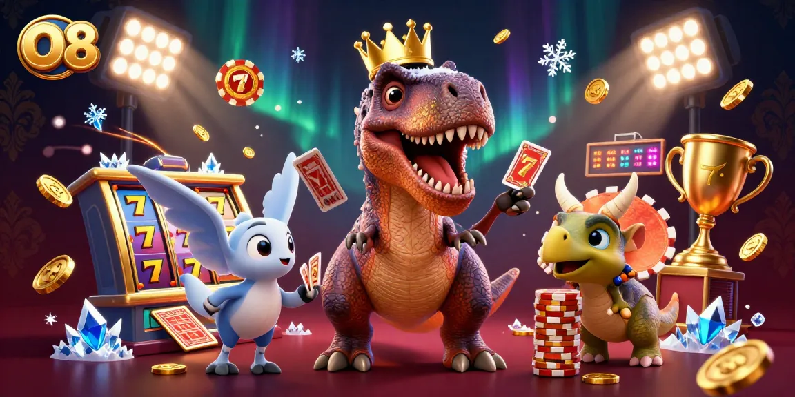 Engage with O8's vibrant casino scene featuring adorable dino characters playing slots.