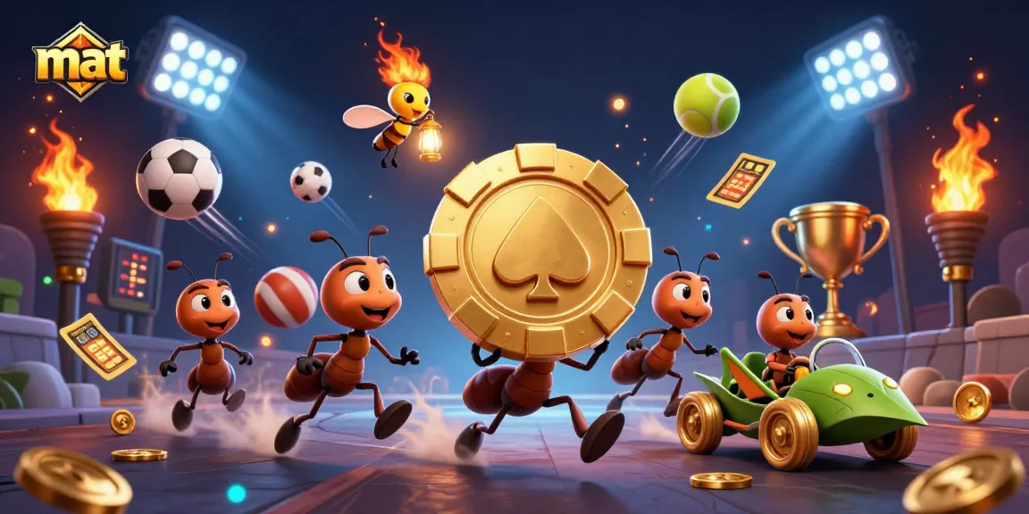 Place bets at mat with engaging 3D casino heist scene featuring ants and sports elements.