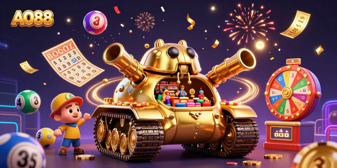 Engage in high-stakes gaming with AO88, showcasing a vibrant casino tank and dynamic lottery elements.