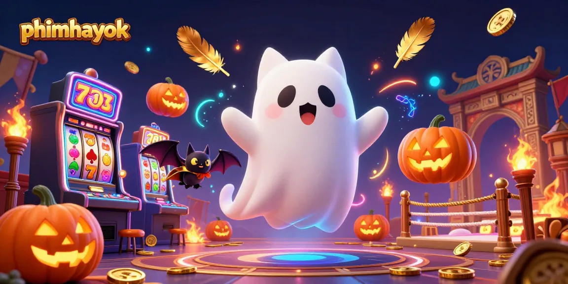 Experience the thrill of PhimHayok with a ghost cat and vampire bat in this vibrant casino scene.