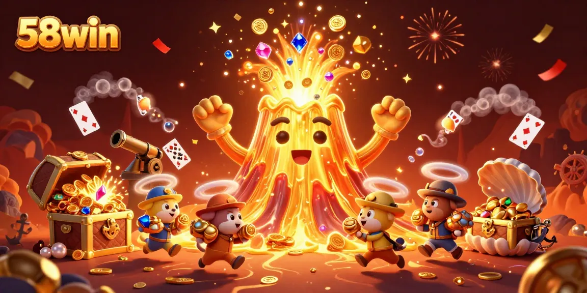 Experience thrilling gameplay with 58win, featuring a vibrant eruption of treasures in a lively casino scene.
