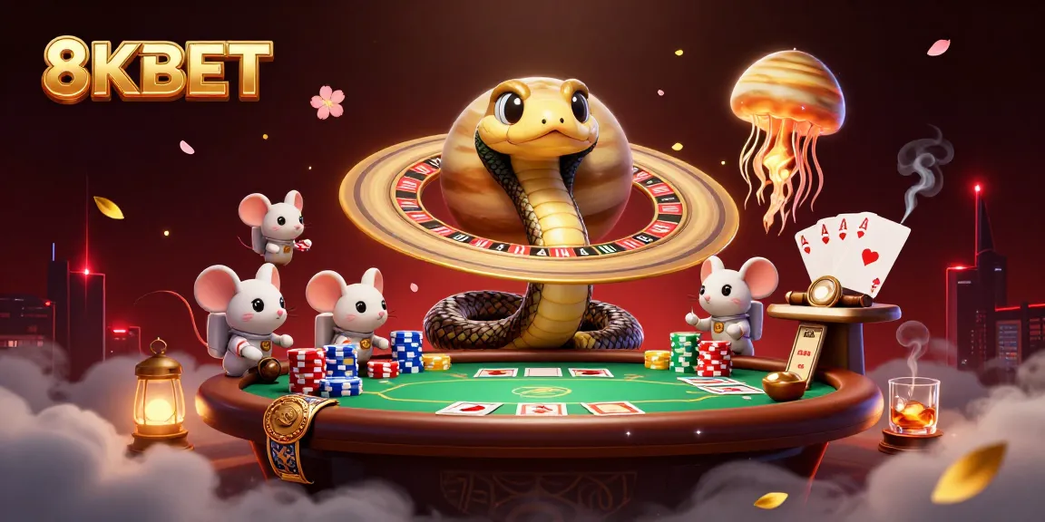 Join the excitement of 8KBET as astronaut mice bet on a cosmic roulette wheel scene.