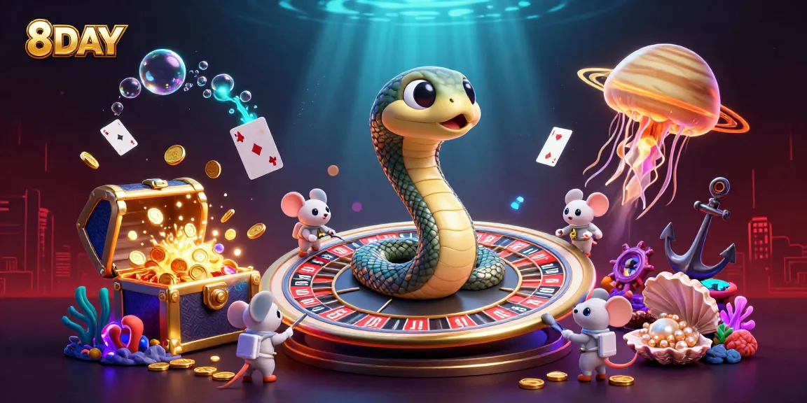8DAY casino scene featuring gambling astronauts and a cosmic dealer in an atmospheric underwater setting.