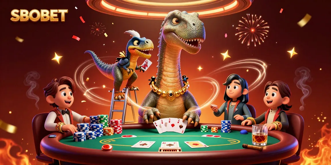 SBOBET showcases a massive brontosaurus towering over a poker table, creating a vibrant casino atmosphere.