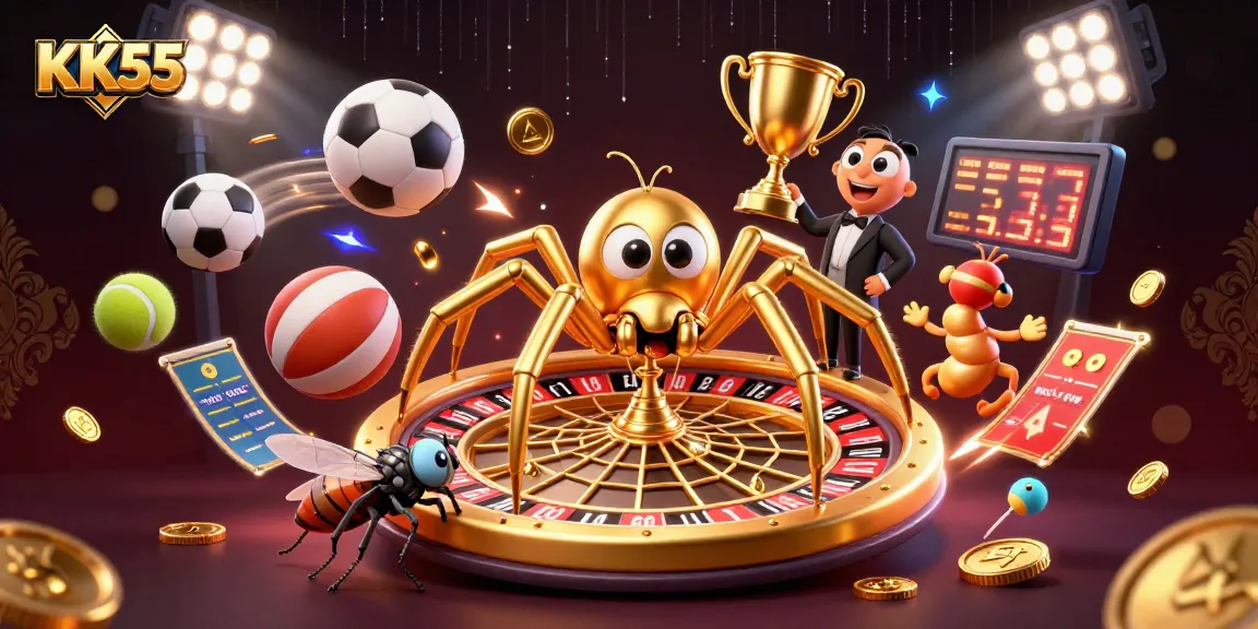 KK55 reveals a thrilling betting scene with a golden spider web roulette, sports balls, and a centipede croupier.
