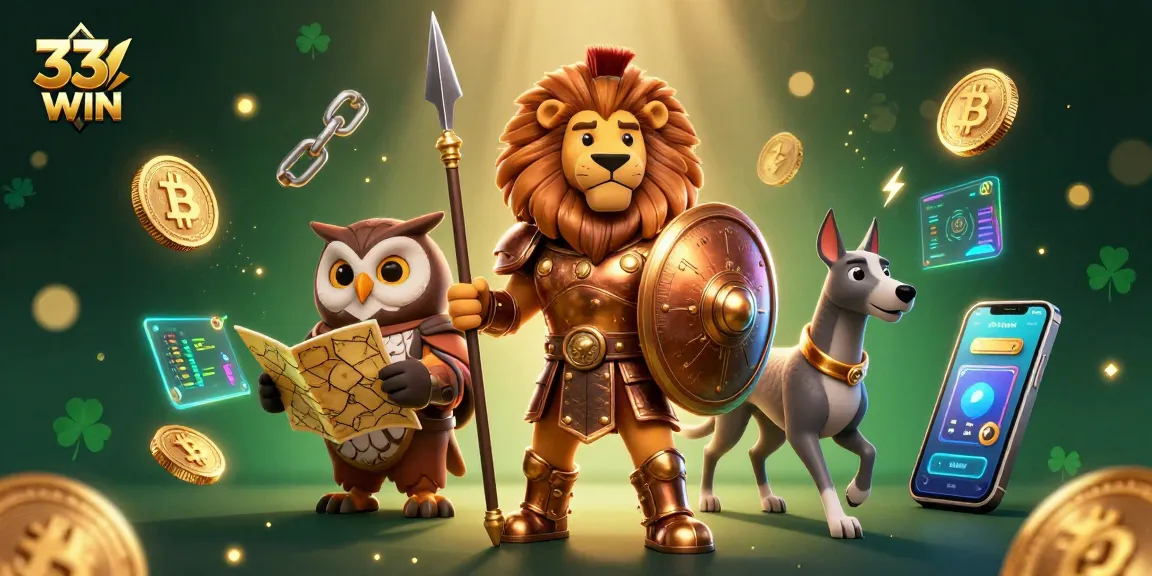Experience gaming excitement at 33WIN with a vivid scene featuring a Spartan lion and crypto elements.