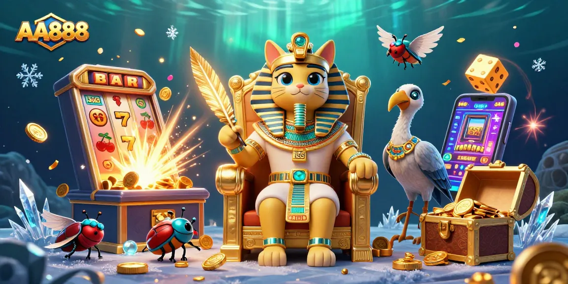 Explore the excitement of AA888 in this vibrant 3D casino illustration filled with jackpot symbols and treasures.