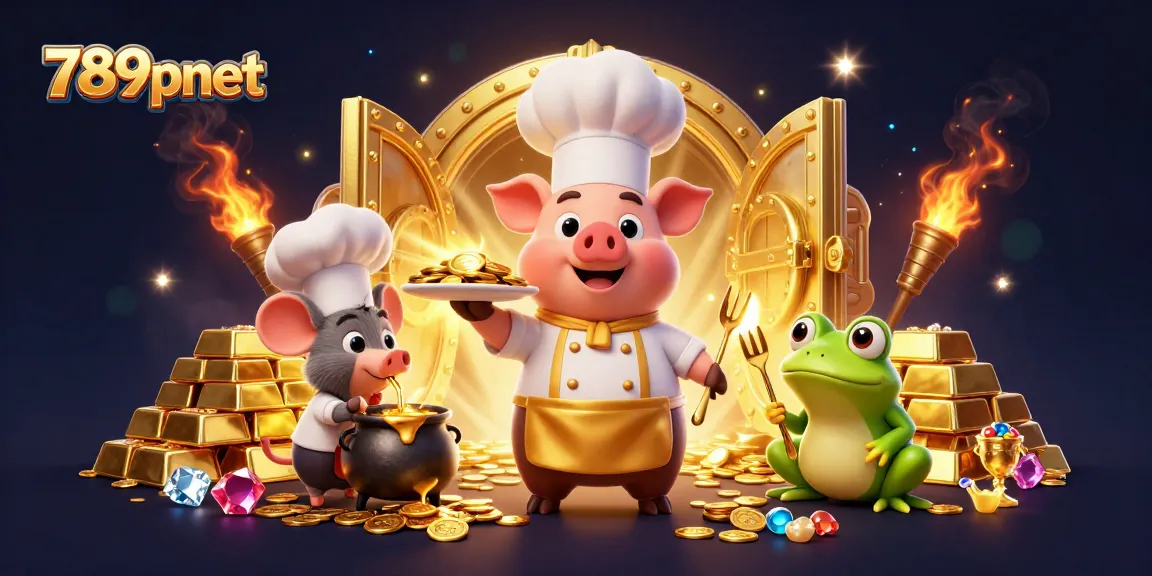 Engaging 789pnet scene showcasing a chef pig and characters amidst gold and casino treasures.