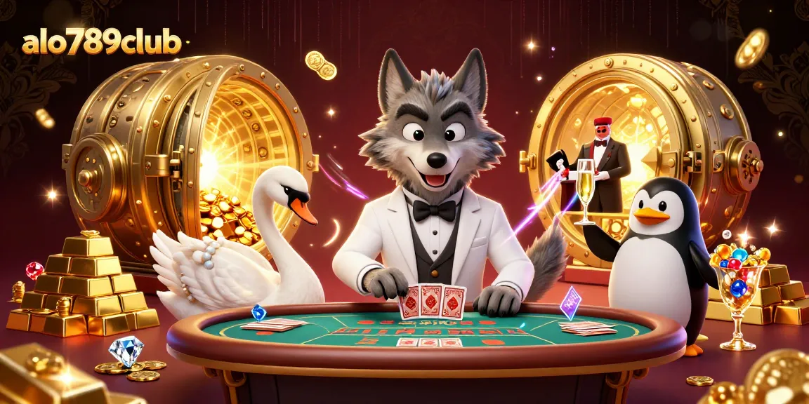 Engage with exciting baccarat action at alo789club featuring a sleek wolf dealer, elegant swan, and sophisticated penguin sommelier.