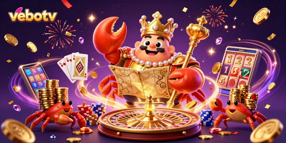 Experience vebotv's gaming magic with a golden crab emperor and captivating casino elements.