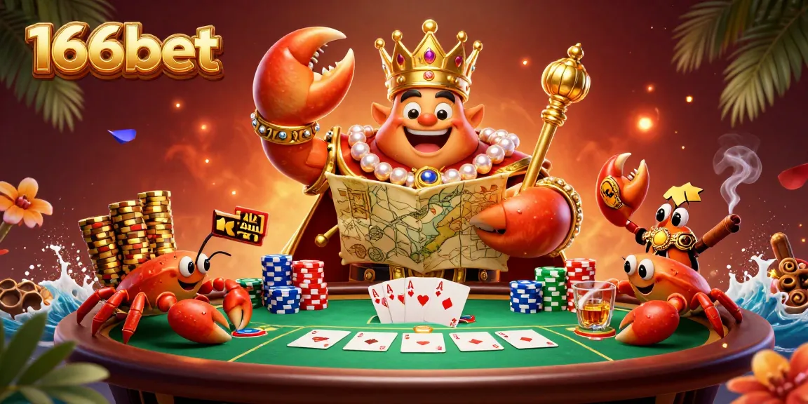 Engage with 166bet's vibrant gambling universe featuring a golden crab and poker excitement.