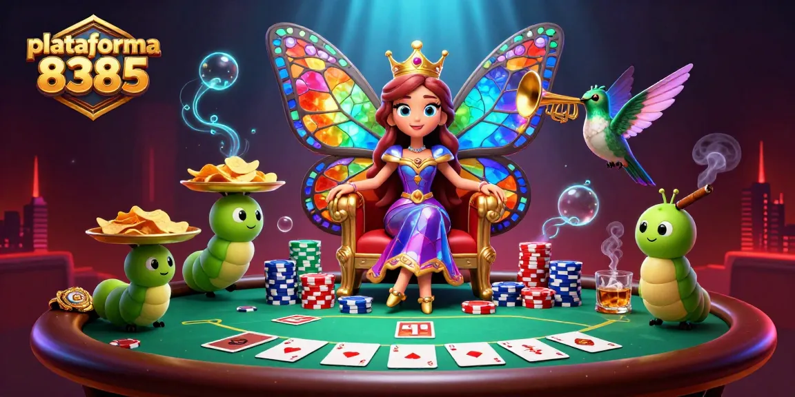 Aproveite a experiência da plataforma 8385 com caça-níqueis e poker em ilustração vibrante.