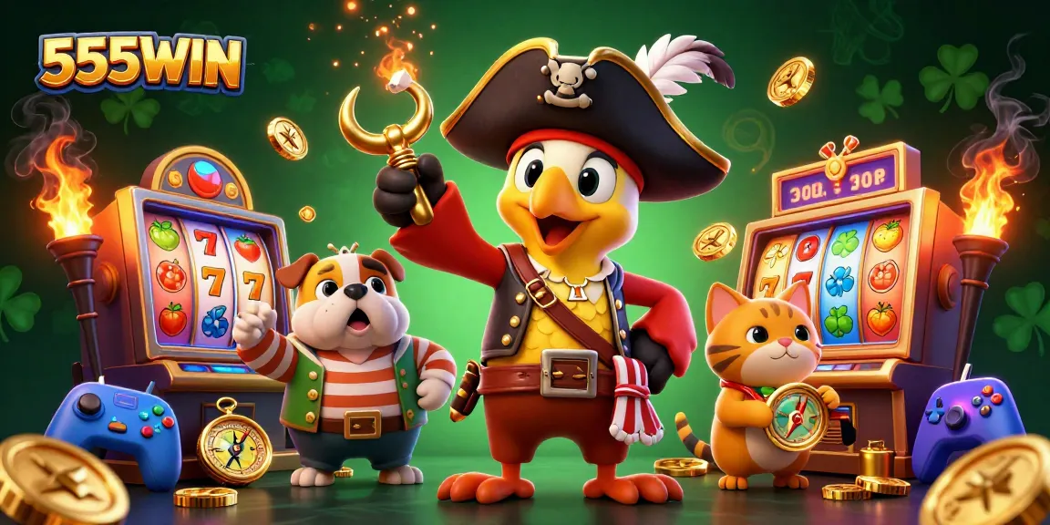 Experience exciting slot wins at 555WIN with a pirate-themed illustration and vibrant gaming elements.