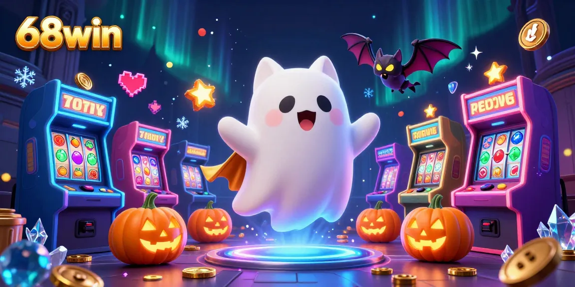 Experience the thrill of 68win with a floating ghost cat and a vampire bat in an animated casino world.