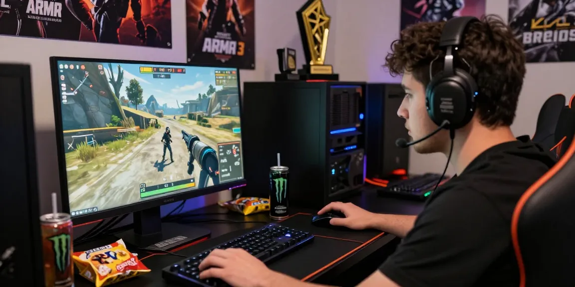Intense player using ArmA 3 Hacks in a competitive gaming setup with monitors and snacks.