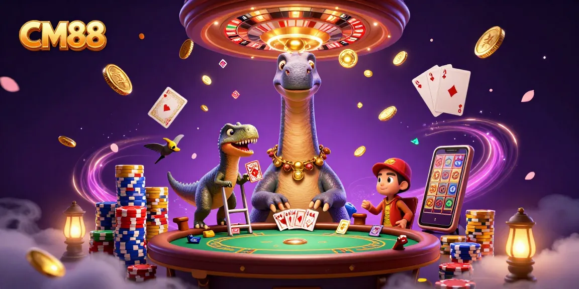CM88 promotes a vibrant gaming experience with dinosaur characters and casino elements.