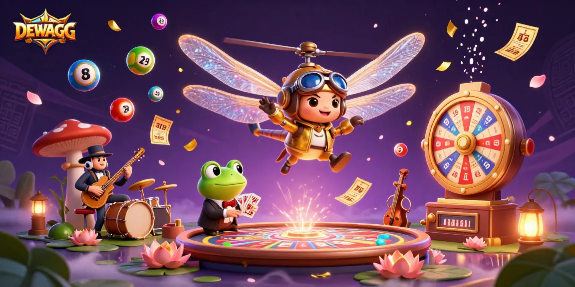 Experience the excitement of DEWAGG with a dynamic scene of gambling action featuring a dragonfly pilot, frog croupier, and lively musicians.