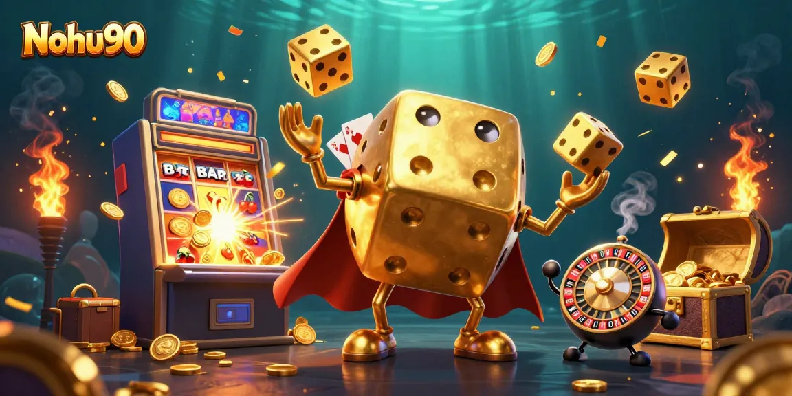 Nohu90 showcases a vibrant 3D gaming scene with colorful jackpot elements and interactive characters.