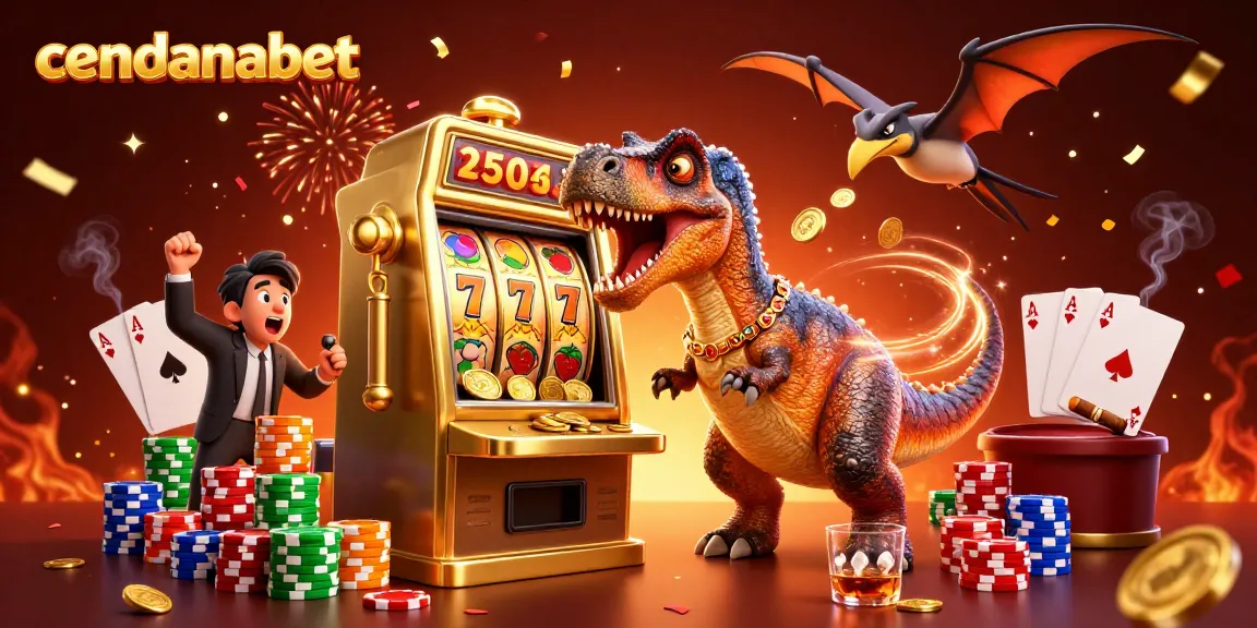 Cendanabet showcases a lively game scene with dinosaurs, a slot machine, and jackpot coins flying everywhere.