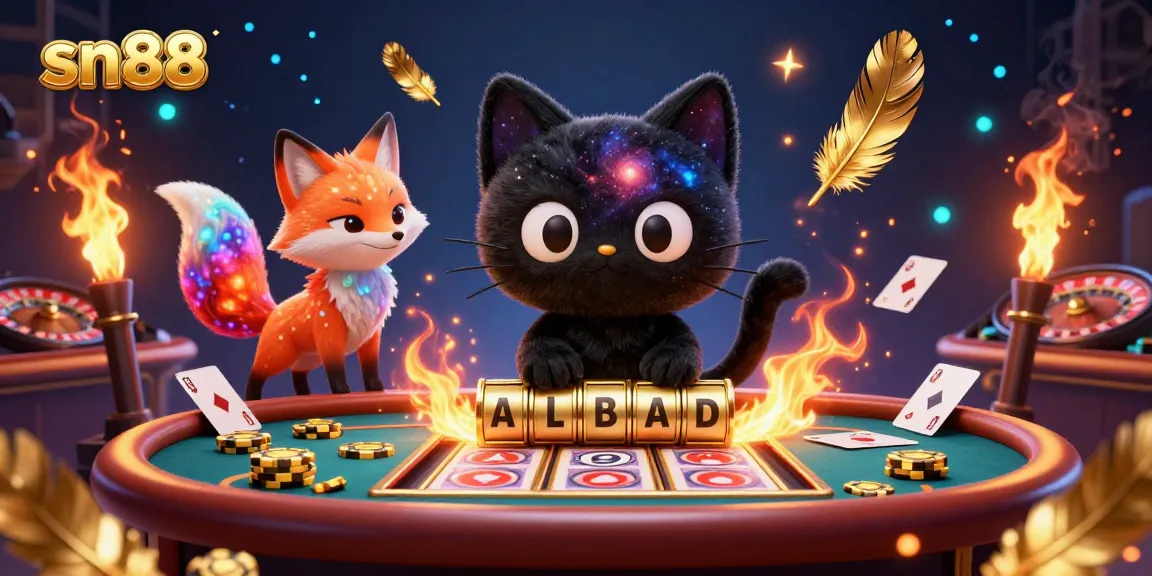 sn88 casino scene featuring a black hole cat and a nebula fox surrounded by slot elements and golden coins.