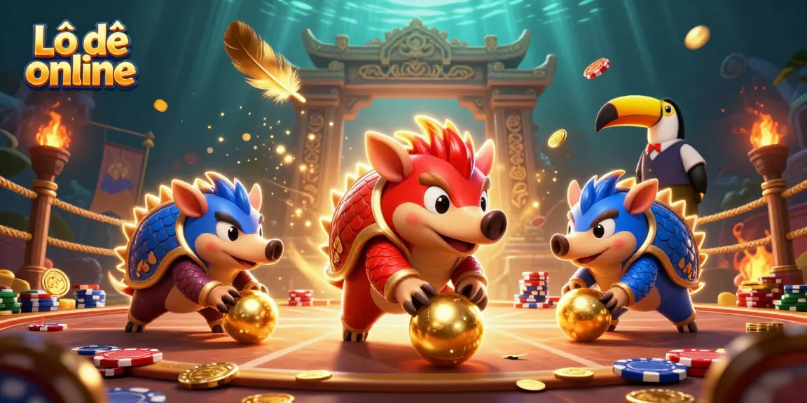 Engage with Lô đề online in this vibrant illustration featuring animated pangolins competing through golden balls and poker chips.