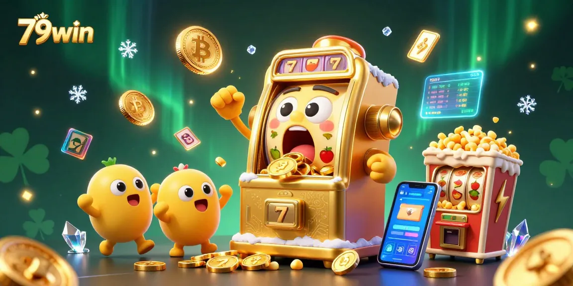 Engage with 79win's thrilling slot experience as a golden slot machine hits a jackpot with cheering baby machines.
