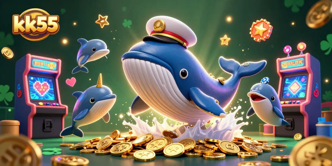 kk55 showcases a vibrant underwater casino scene with a whimsical whale, narwhal, and dolphins engaging in playful gambling activities.