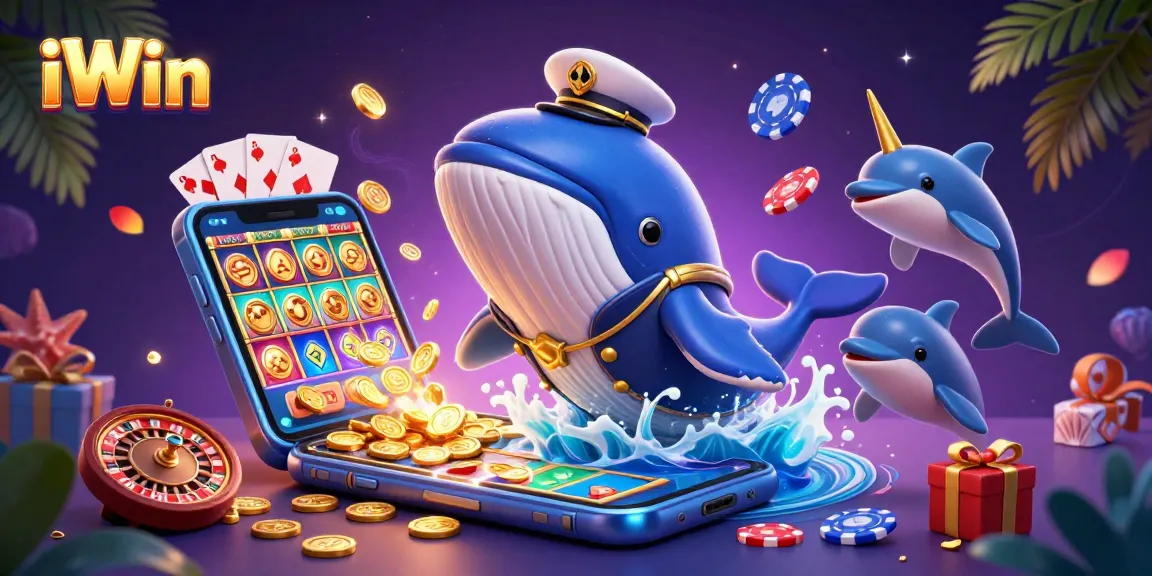 iWin features a magical whale and dolphin trio among vibrant casino gaming elements in a dynamic scene.