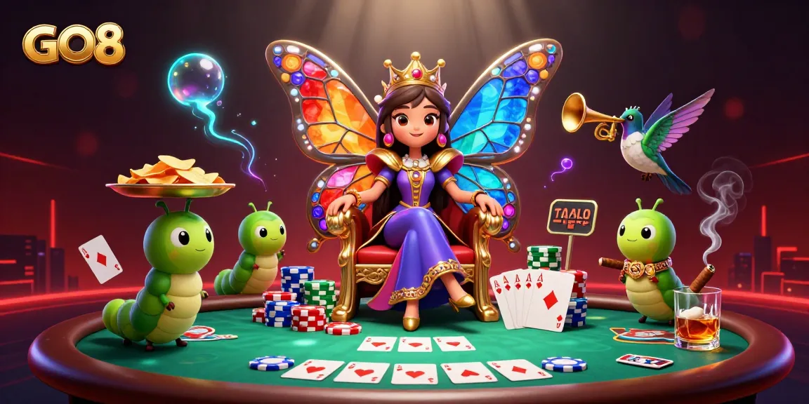 Engage with GO8's vibrant poker atmosphere featuring a queen and colorful chip trays for winning strategy.