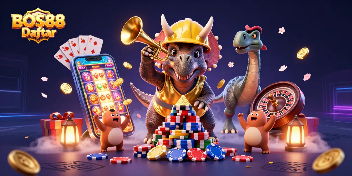 BOS88 Daftar memberi pengalaman bermain slot online yang seru dengan ikon kasino mengelilingi karakter 3D, menambah atmosfer permainan.